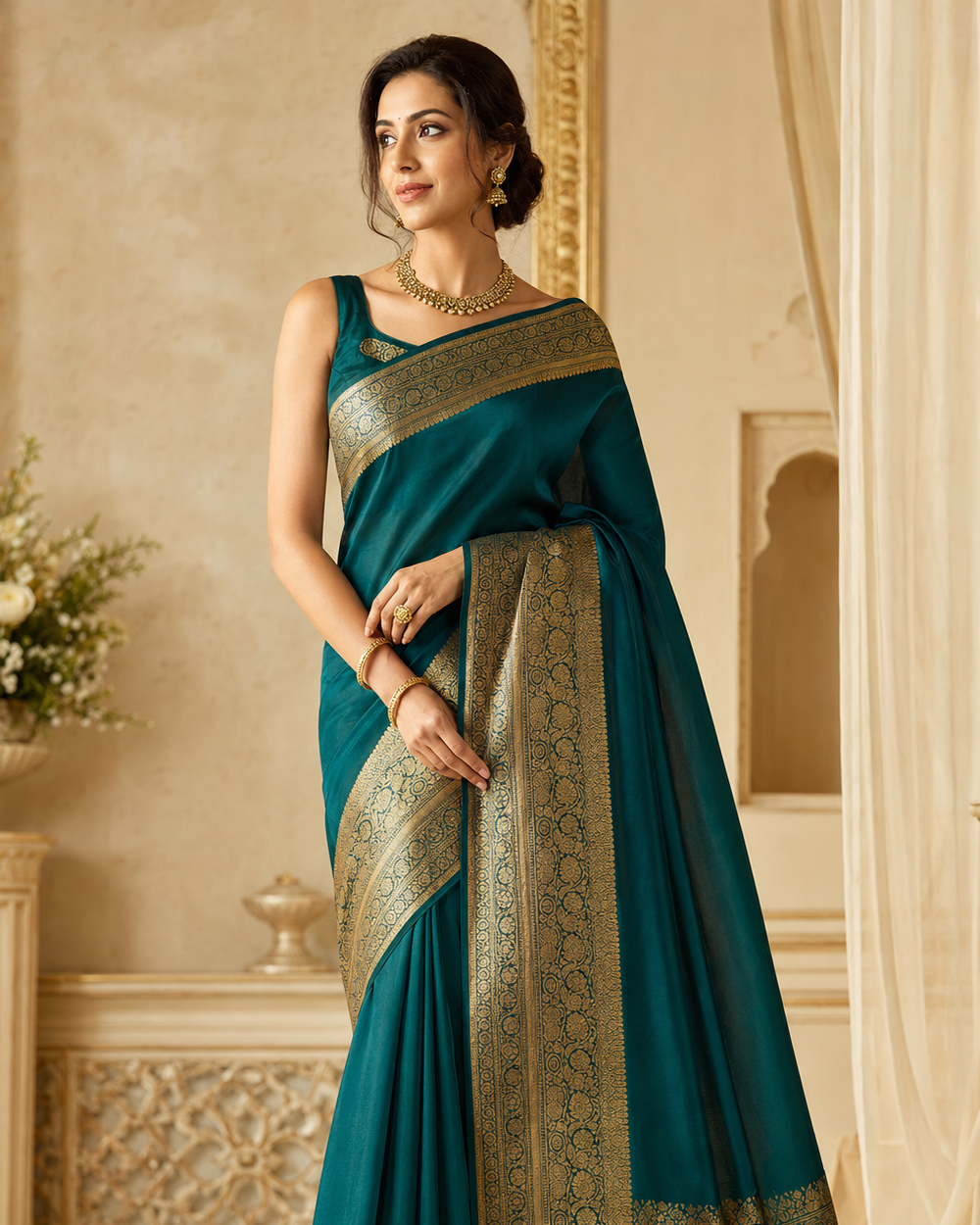 Elegant teal Indian saree with antique gold detail